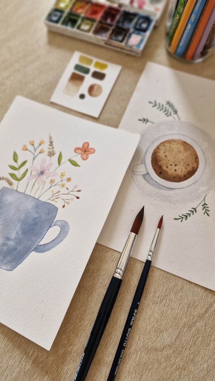 Abstração em tons de azul e ocre sobre papel de algodão