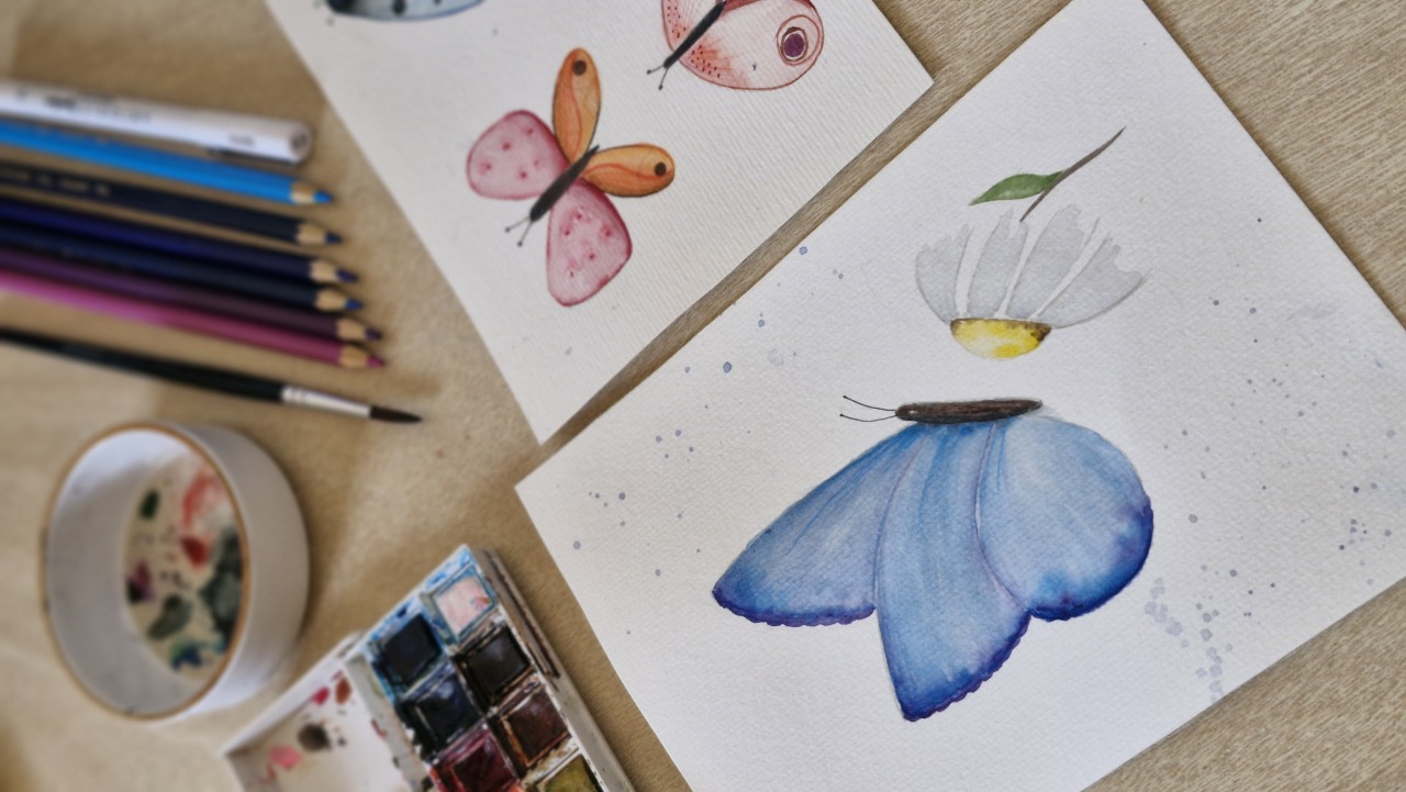Pintura em aquarela de um galho de eucalipto seco