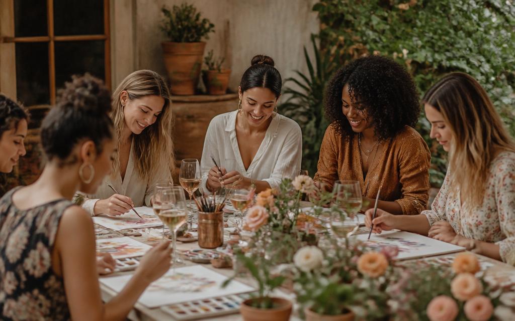Grupo de amigas em uma mesa decorada com flores e taças de vinho, pintando com aquarela em ambiente acolhedor